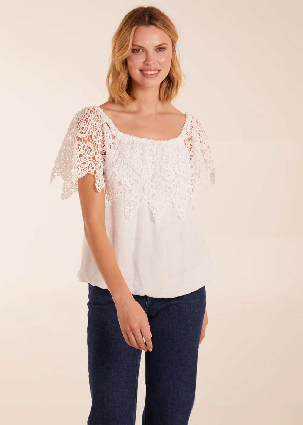 Blue Vanilla Ivory Crochet Lace Puff Ball Top - S Image 1