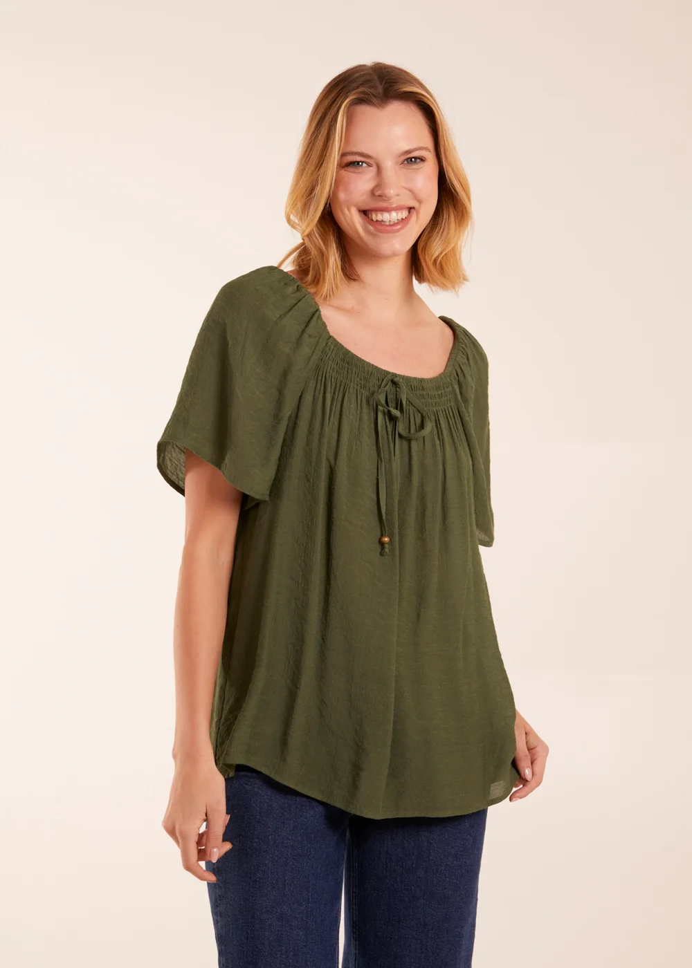Blue Vanilla Khaki Shirred At Front Swing Top - S Image 1