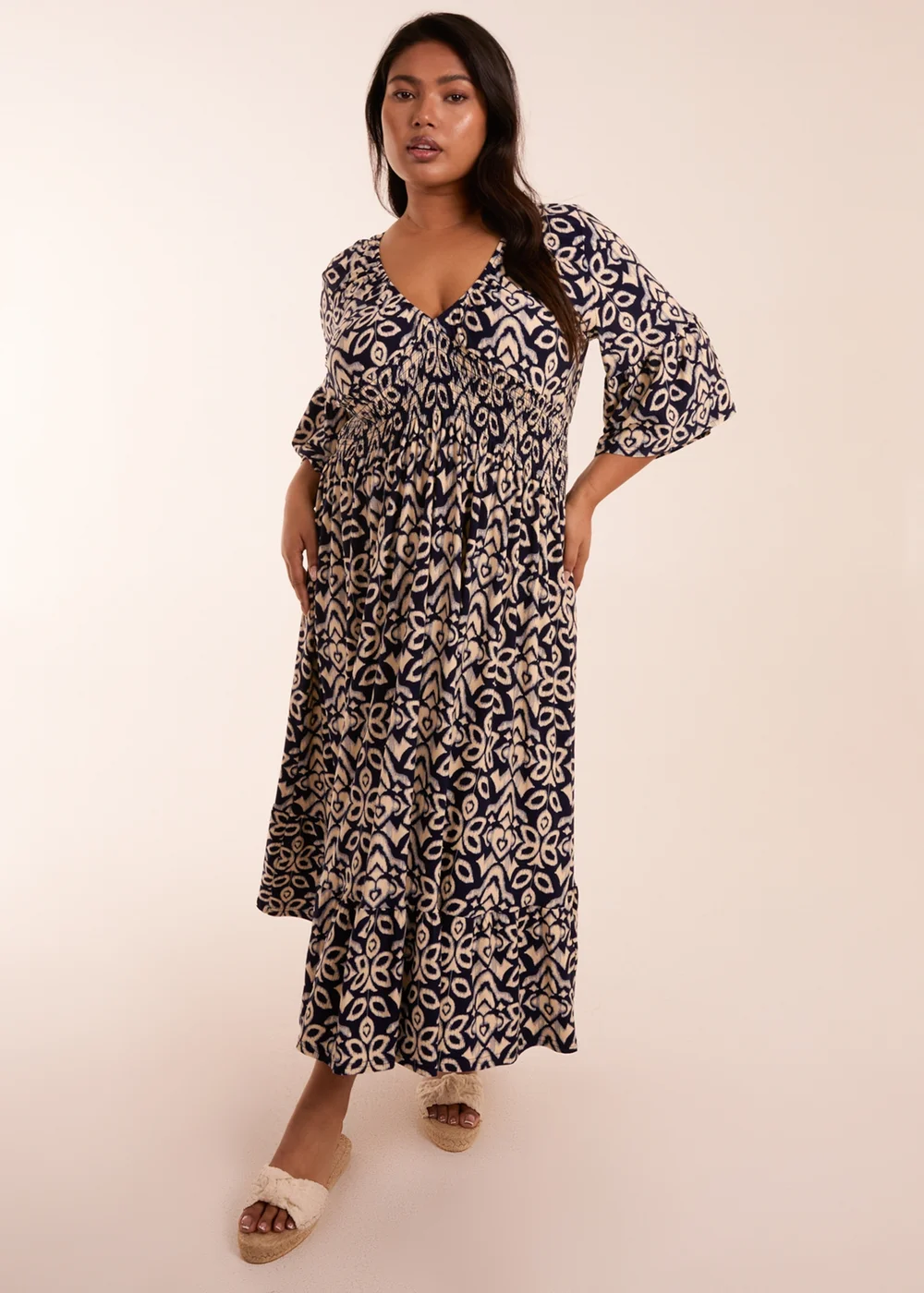 Blue Vanilla Curve Navy Elasticated Neck Shirred Waist Abstract Midi Dress - 26-28 Image 4