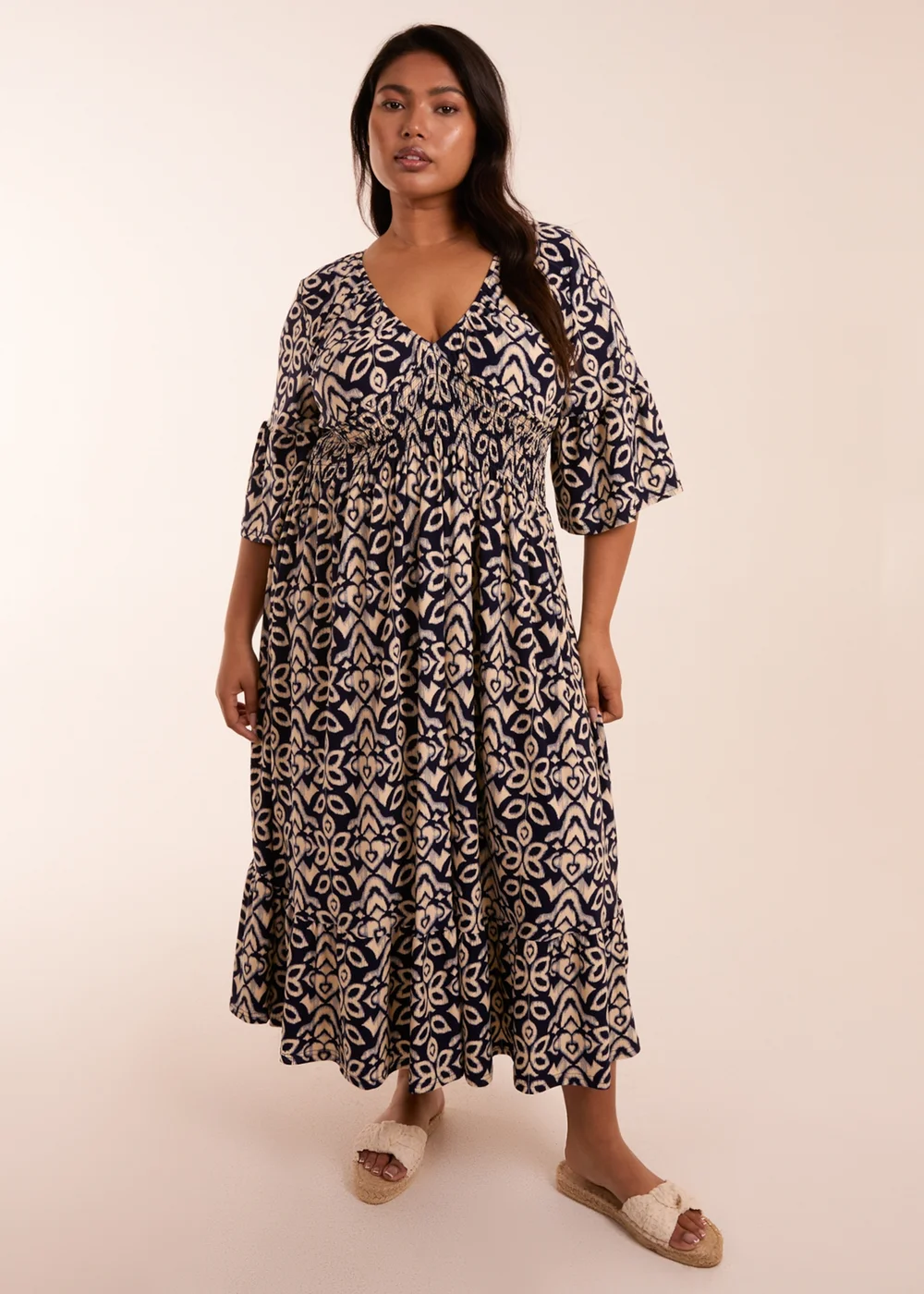 Blue Vanilla Curve Navy Elasticated Neck Shirred Waist Abstract Midi Dress - 26-28 Image 1