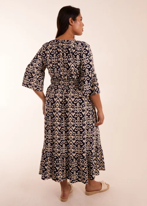 Blue Vanilla Curve Navy Elasticated Neck Shirred Waist Abstract Midi Dress - 26-28 Image 2