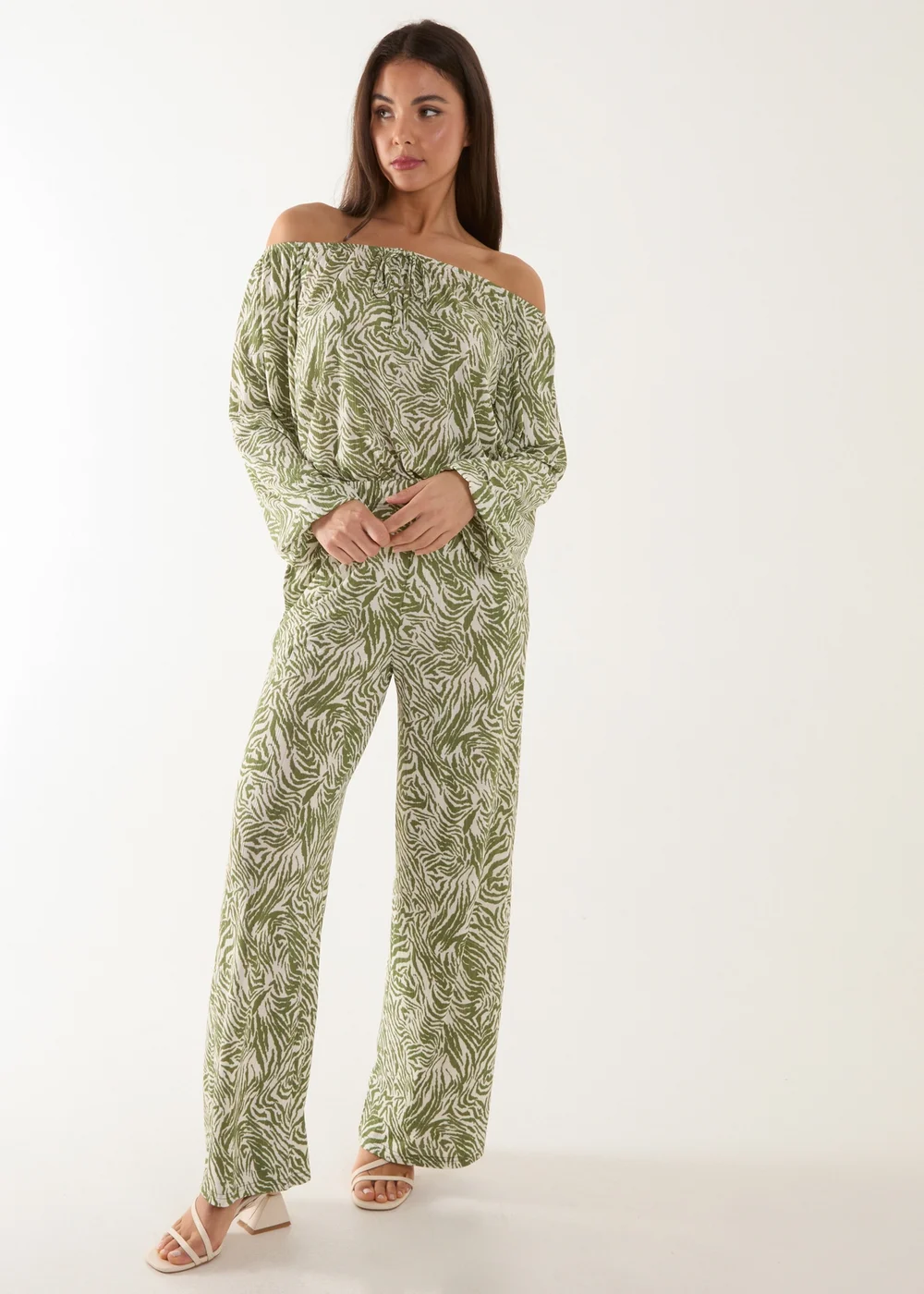 Blue Vanilla Green Off The Shoulder Top And Wide Leg Trouser Set - S/M Image 1