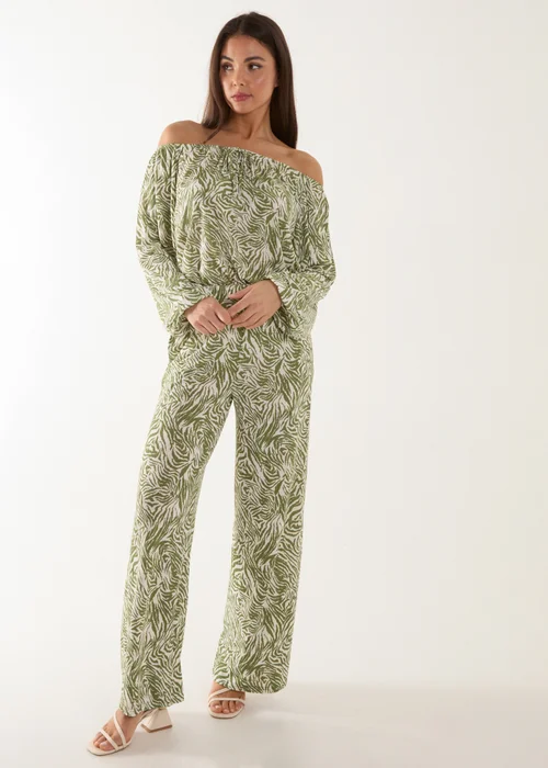 Blue Vanilla Green Off The Shoulder Top And Wide Leg Trouser Set - S/M Image 1