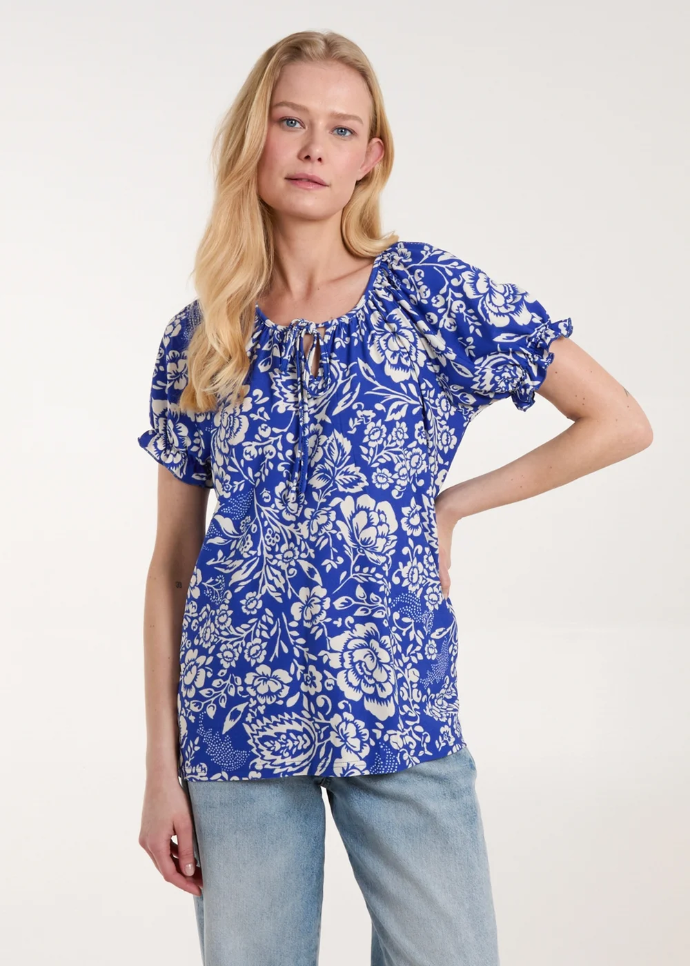 Blue Vanilla Blue Shirred Sleeve Tie Front Top - S Image 1