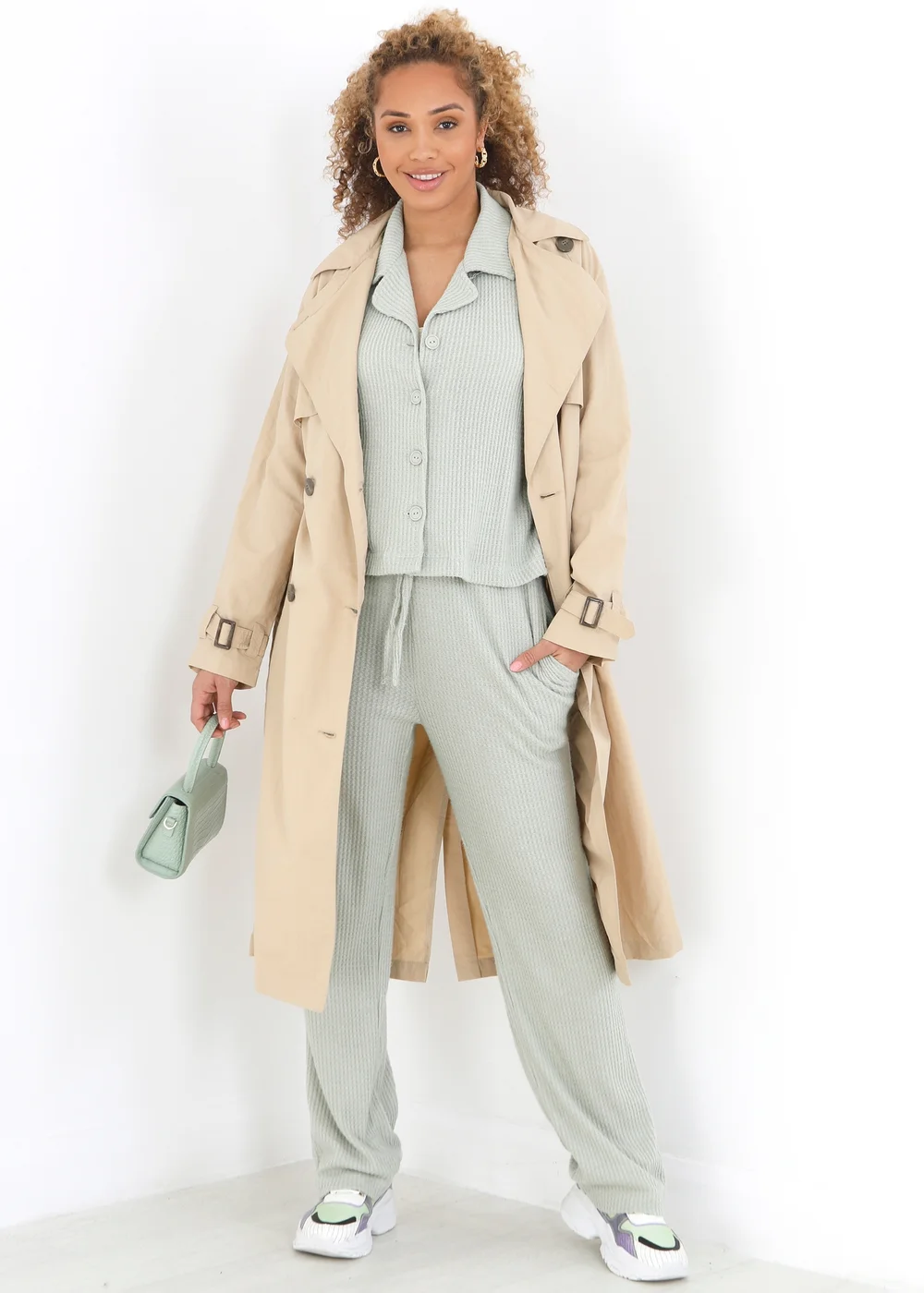 Brave Soul Soft Green Waffle Button Shirt & Trouser Co Ord - Extra small Image 2