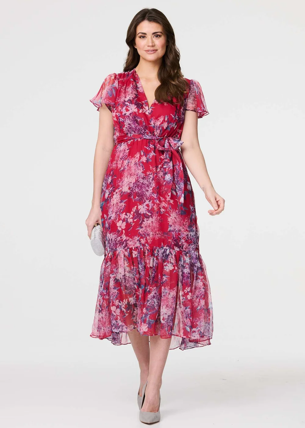 Izabel London Pink Floral Short Sleeve Tiered Midi Dress - 8 Image 1