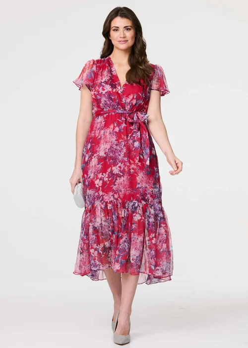 Izabel London Pink Floral Short Sleeve Tiered Midi Dress - 8 Image 1