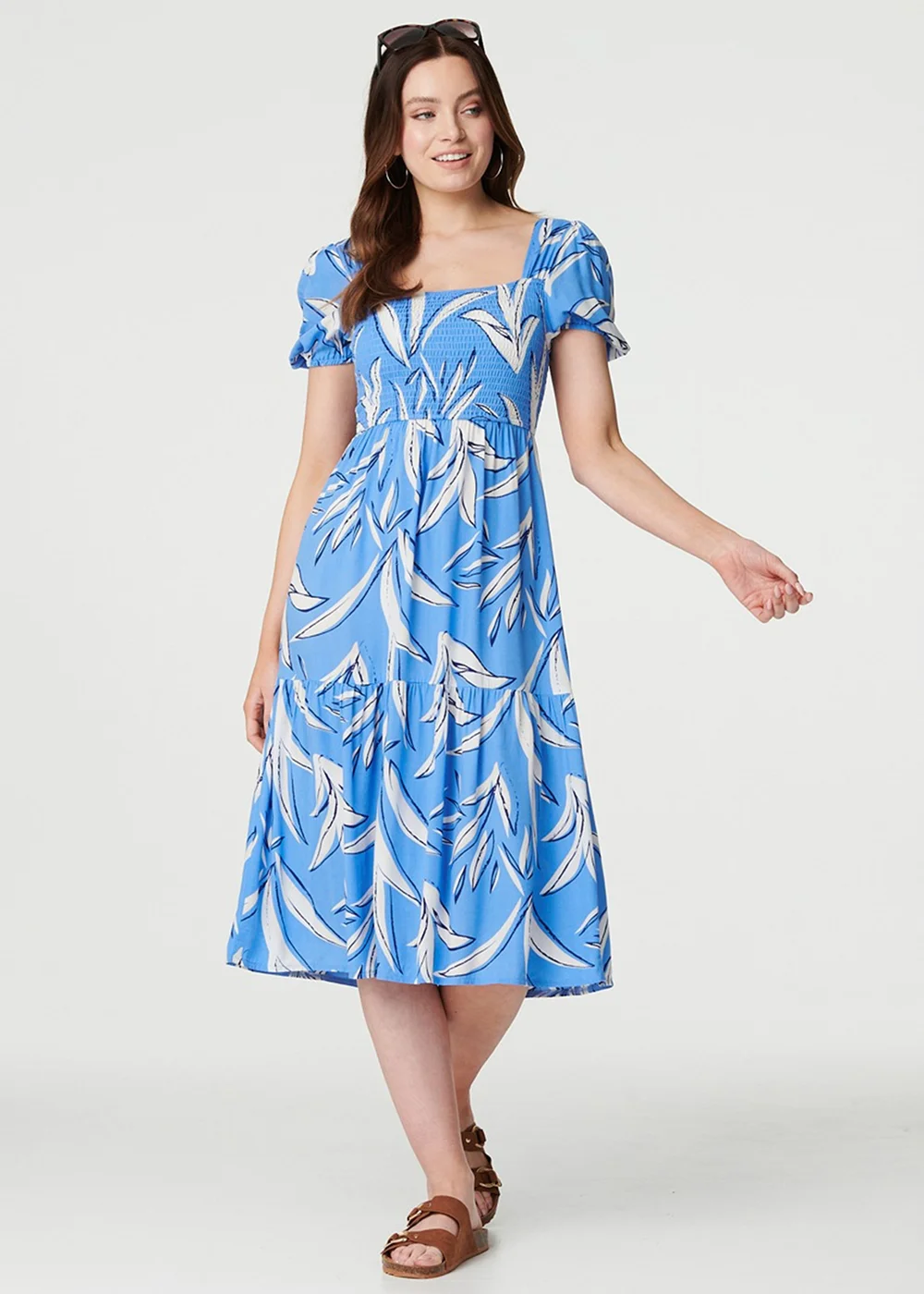 Izabel London Blue Leaf Print Smocked Midi Dress - 8 Image 1