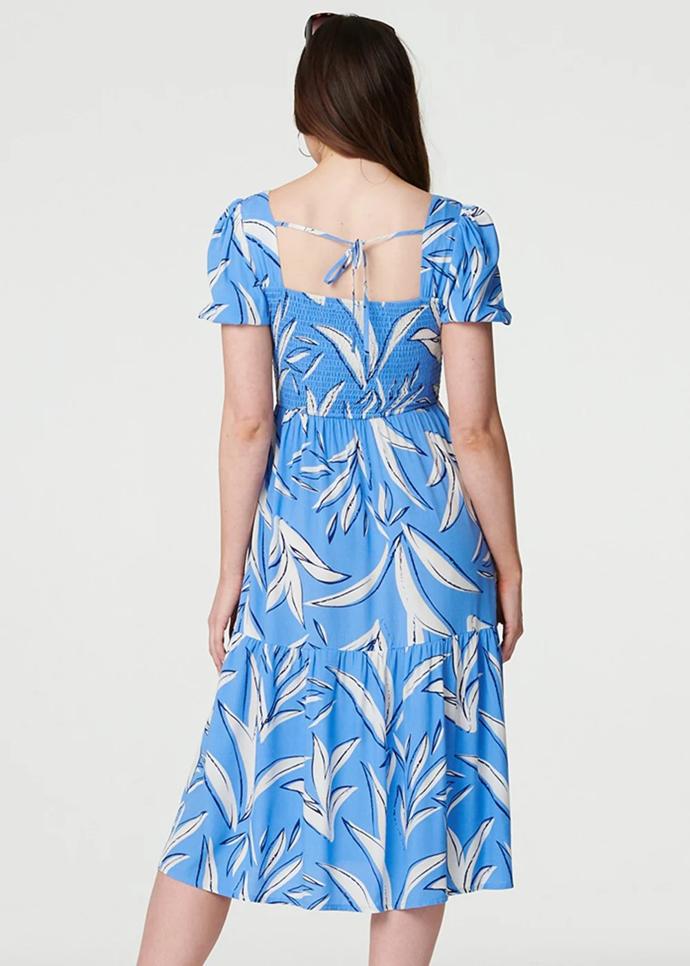 Izabel London Blue Leaf Print Smocked Midi Dress - 8 Image 2