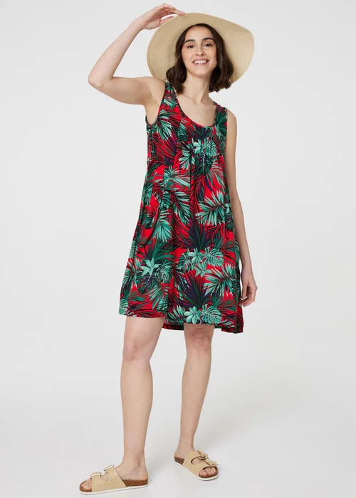 Izabel London Red Leaf Print Sleeveless Tunic Dress - 8 Image 4
