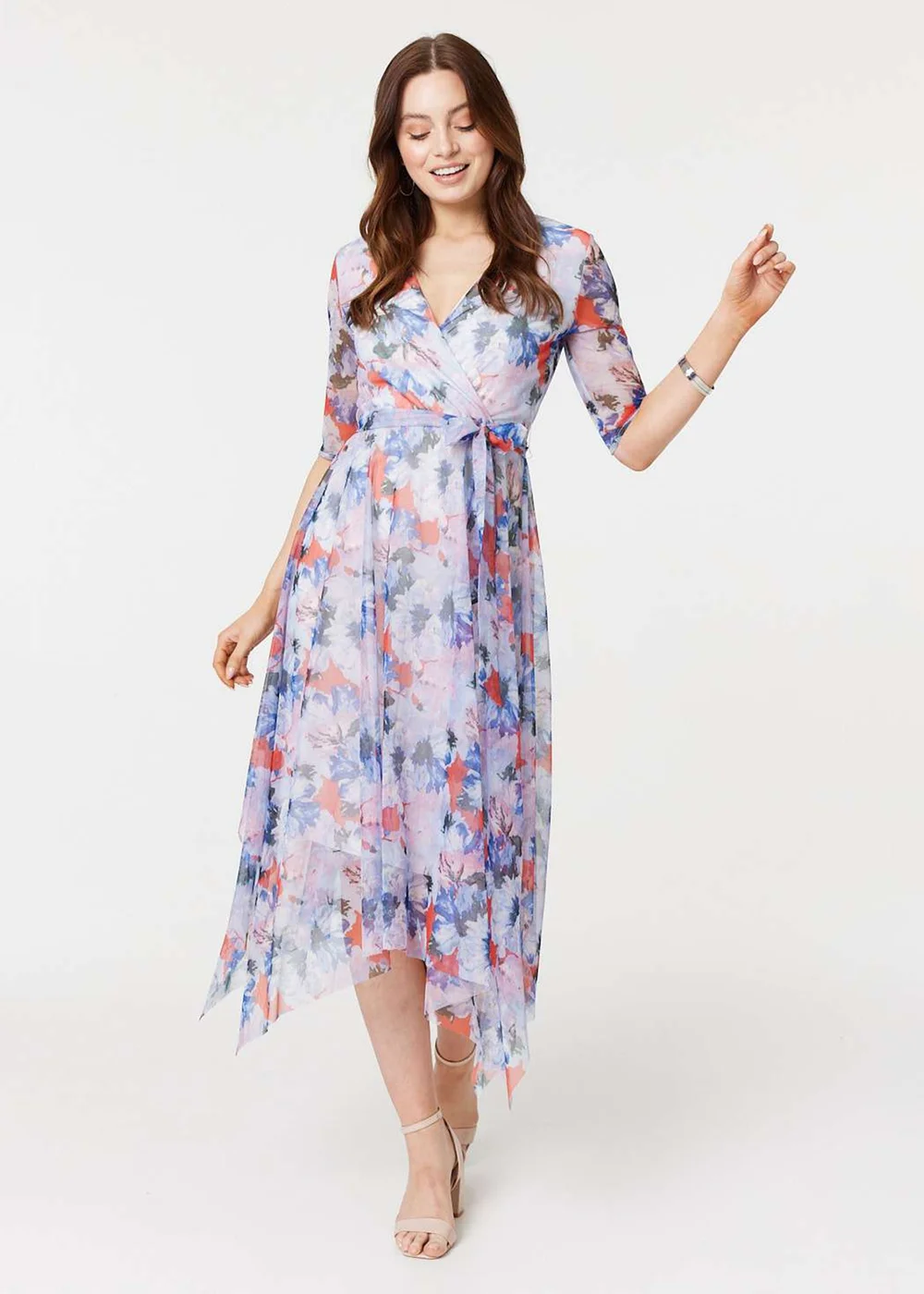 Izabel London Blue Floral Semi Sheer Layered Midi Dress - 8 Image 1