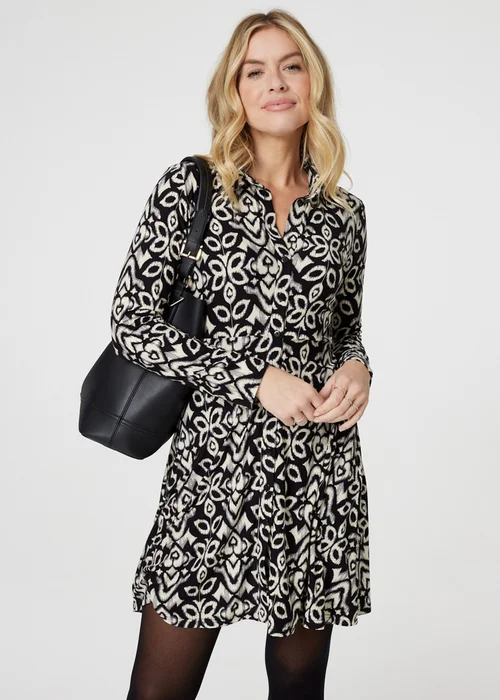 Izabel London Black Printed Long Sleeve Short Shirt Dress - S Image 1