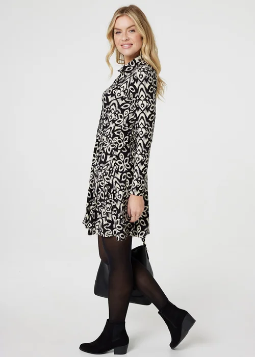Izabel London Black Printed Long Sleeve Short Shirt Dress - S Image 2