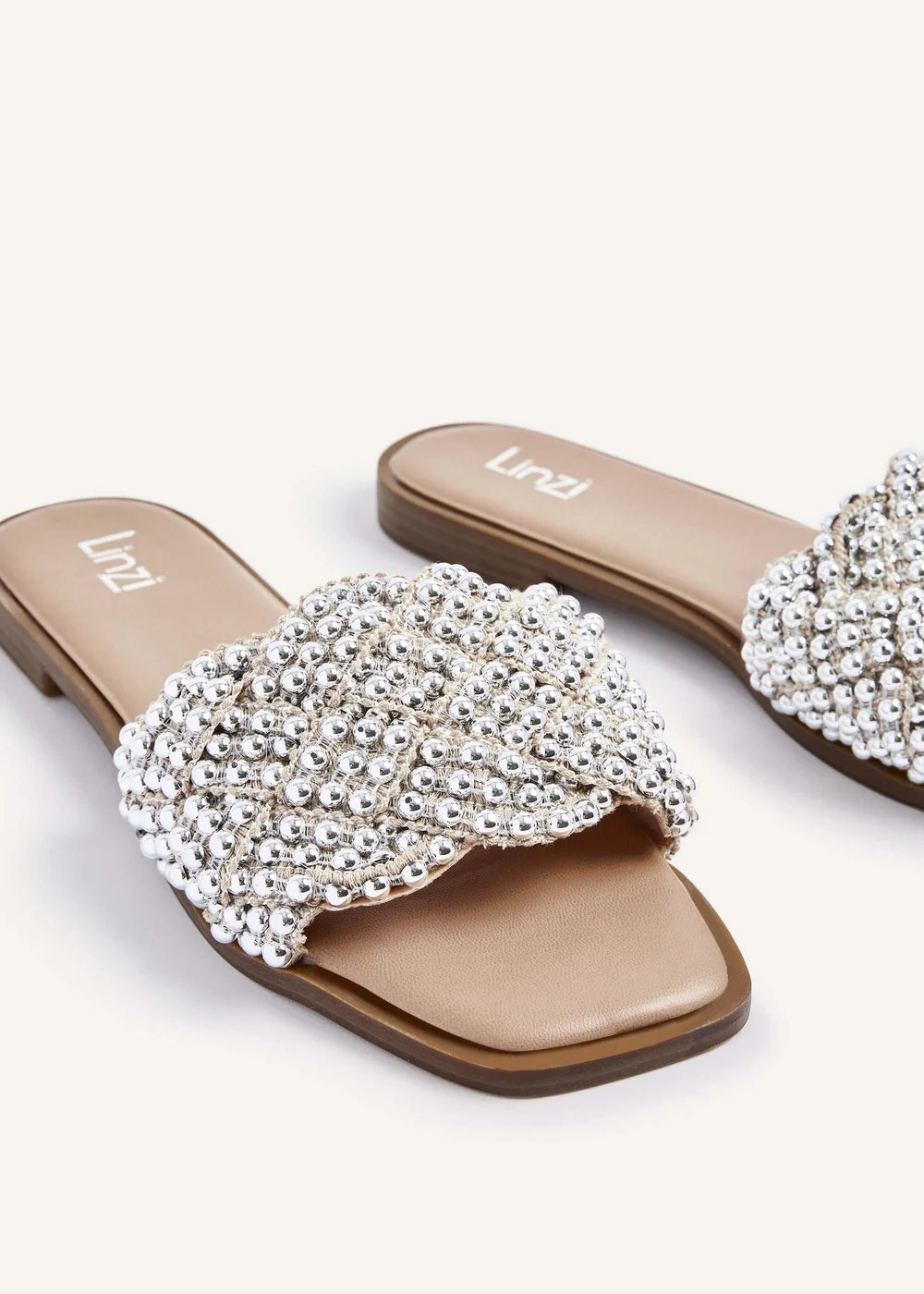 Linzi Lanette Nude Faux Leather Plaited Beaded Flat Sandals - 3 Image 4