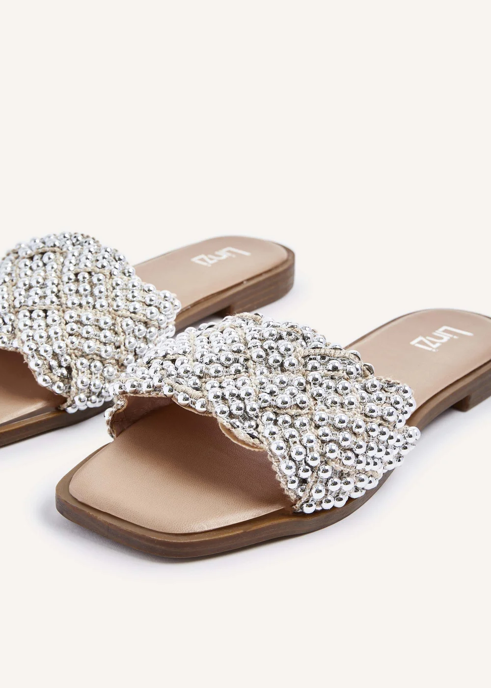 Linzi Lanette Nude Faux Leather Plaited Beaded Flat Sandals - 3 Image 5