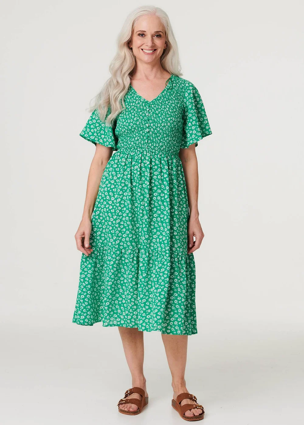 Izabel London Green Ditsy Floral Midi Smock Dress - 8 Image 1