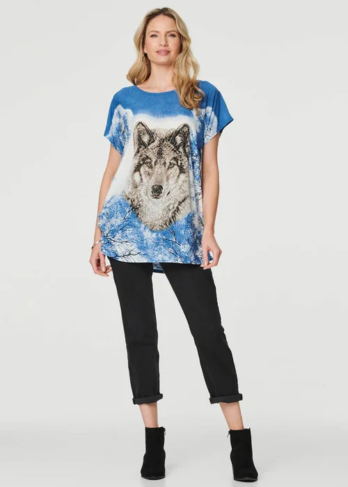 Izabel London Blue Embellished Wolf Print T-Shirt - Small/Medium Image 4