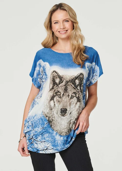 Izabel London Blue Embellished Wolf Print T-Shirt - Small/Medium Image 1