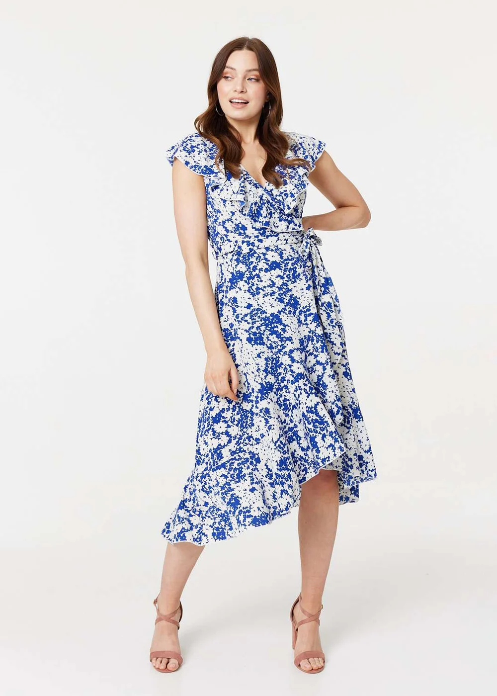Izabel London Blue Printed Tie Waist Midi Wrap Dress - 8 Image 1
