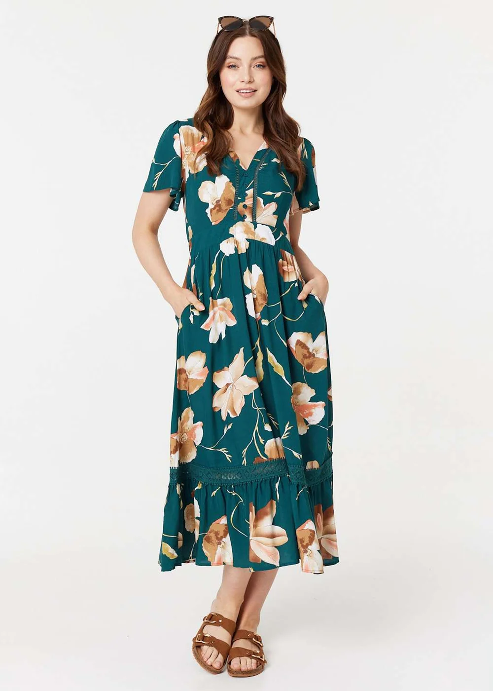 Izabel London Green Floral Lace Trim A-Line Maxi Dress - 8 Image 1