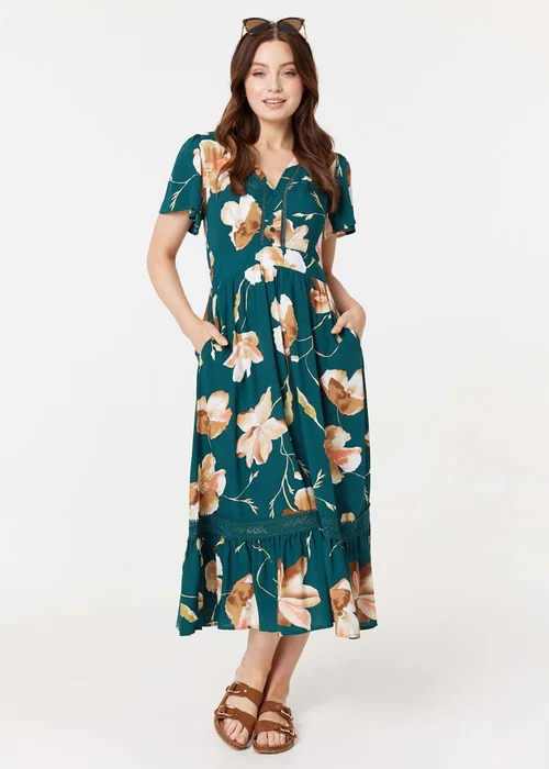 Izabel London Green Floral Lace Trim A-Line Maxi Dress - 8 Image 1