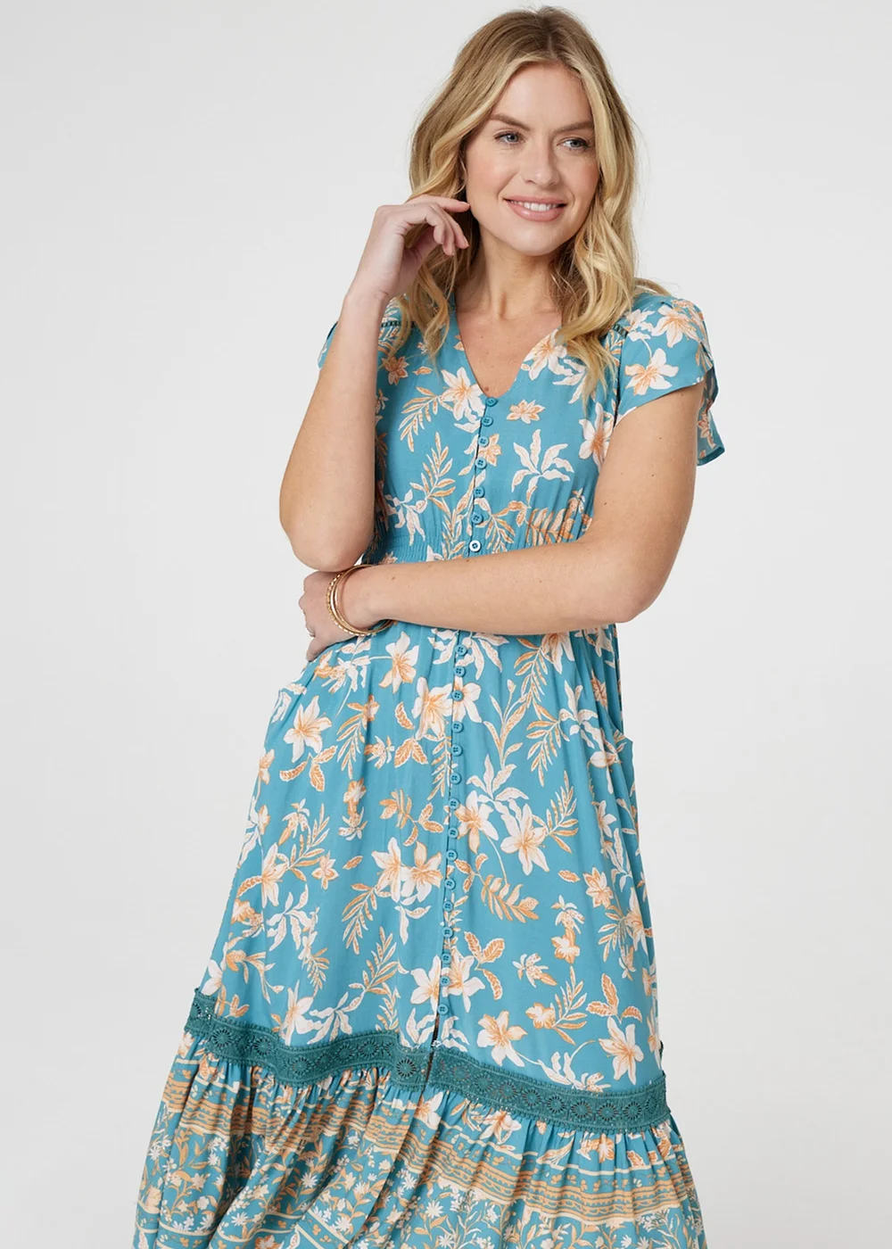 Izabel London Green Floral V-Neck Shirred Midi Dress - 8 Image 4