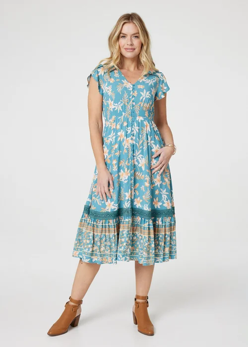 Izabel London Green Floral V-Neck Shirred Midi Dress - 8 Image 1