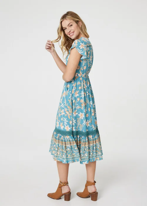 Izabel London Green Floral V-Neck Shirred Midi Dress - 8 Image 2