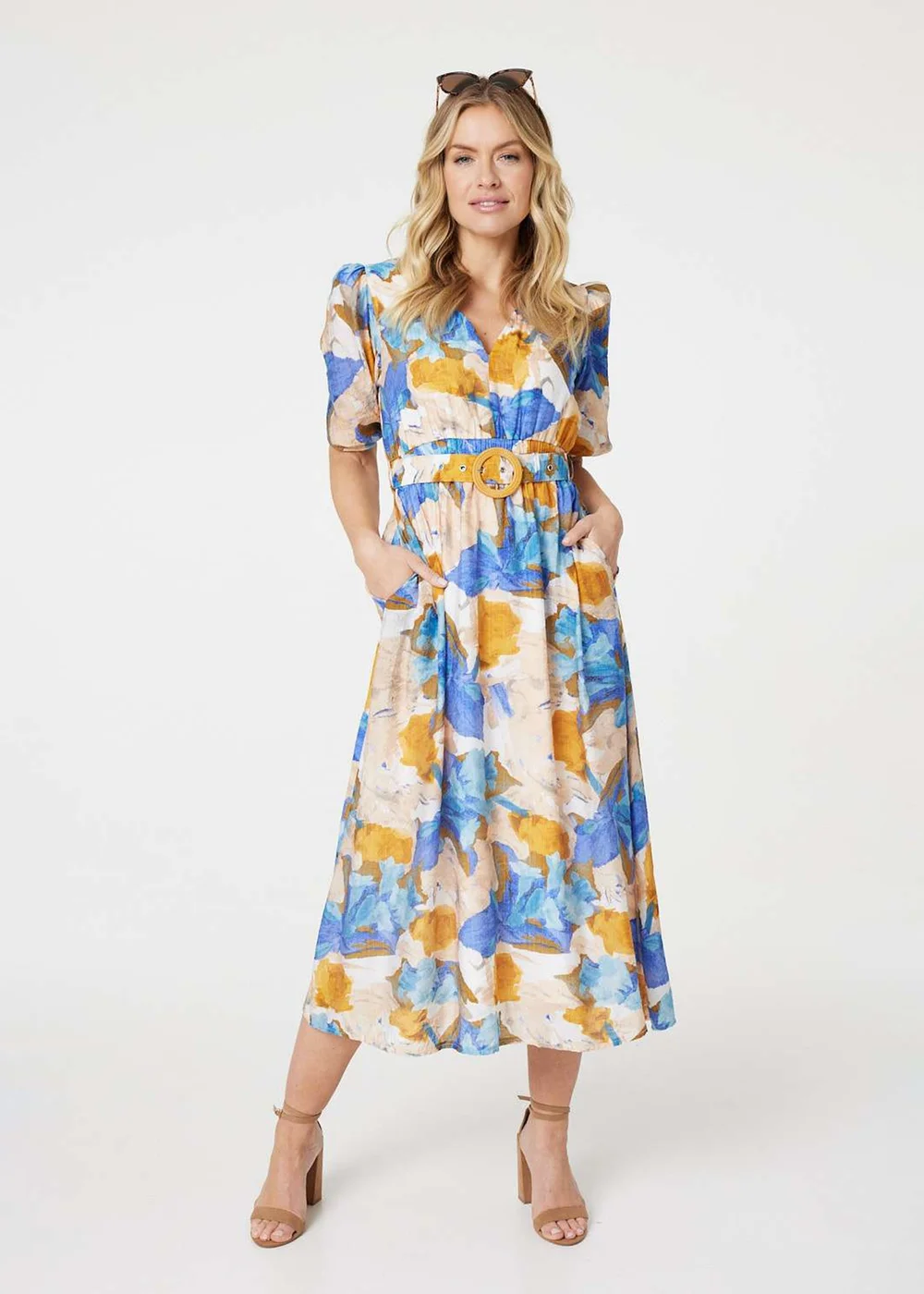 Izabel London Blue Printed 1/2 Sleeve Belted Midi Dress - 8 Image 1