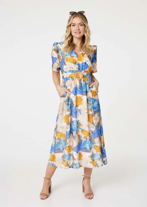 Izabel London Blue Printed 1/2 Sleeve Belted Midi Dress - 8 Image 1