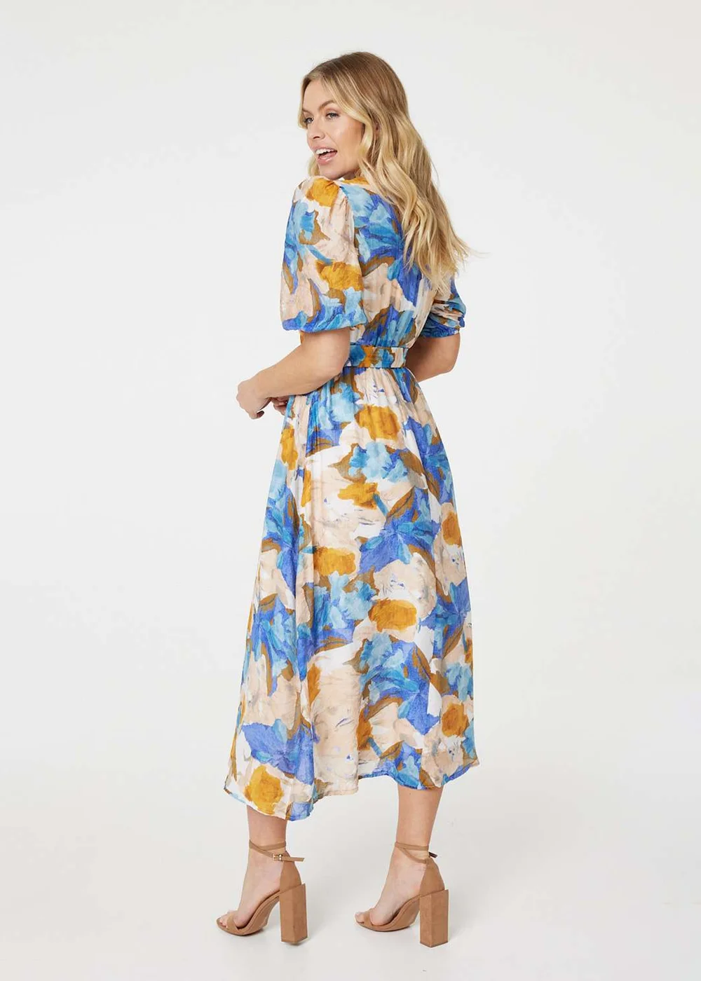 Izabel London Blue Printed 1/2 Sleeve Belted Midi Dress - 8 Image 2