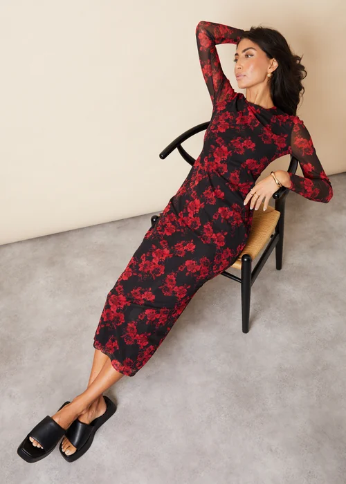 Threadbare Black Blooming Printed Long Sleeve Mesh Midi Dress - 8 Image 3