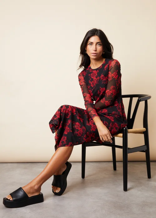 Threadbare Black Blooming Printed Long Sleeve Mesh Midi Dress - 8 Image 5