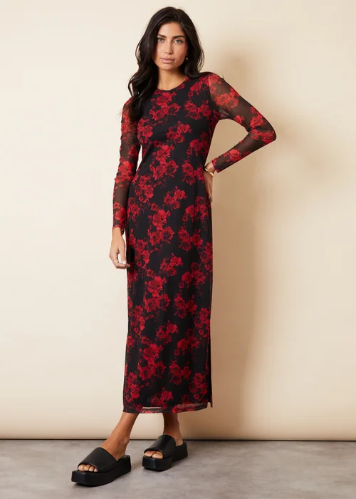 Threadbare Black Blooming Printed Long Sleeve Mesh Midi Dress - 8 Image 1