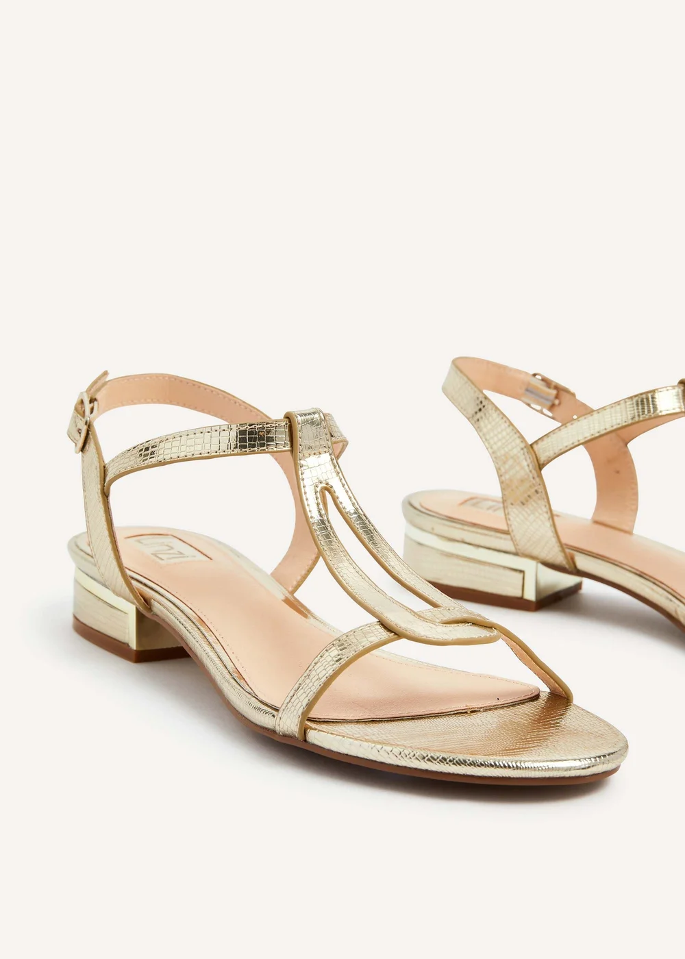 Linzi Lavish Gold T-Bar Low Block Heeled Sandals - 3 Image 4