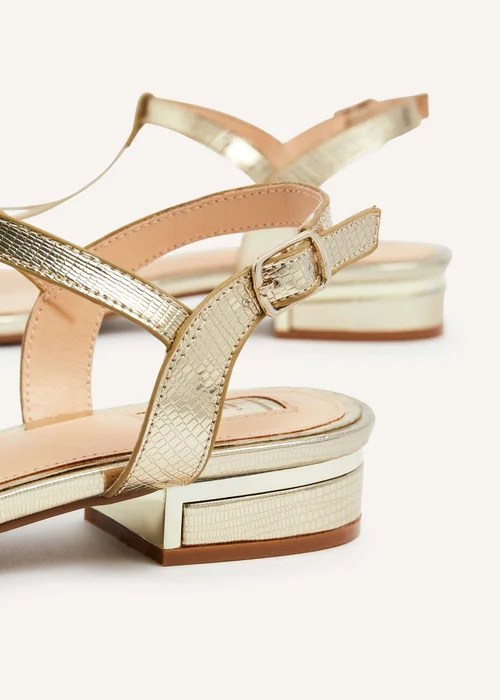 Linzi Lavish Gold T-Bar Low Block Heeled Sandals - 3 Image 5