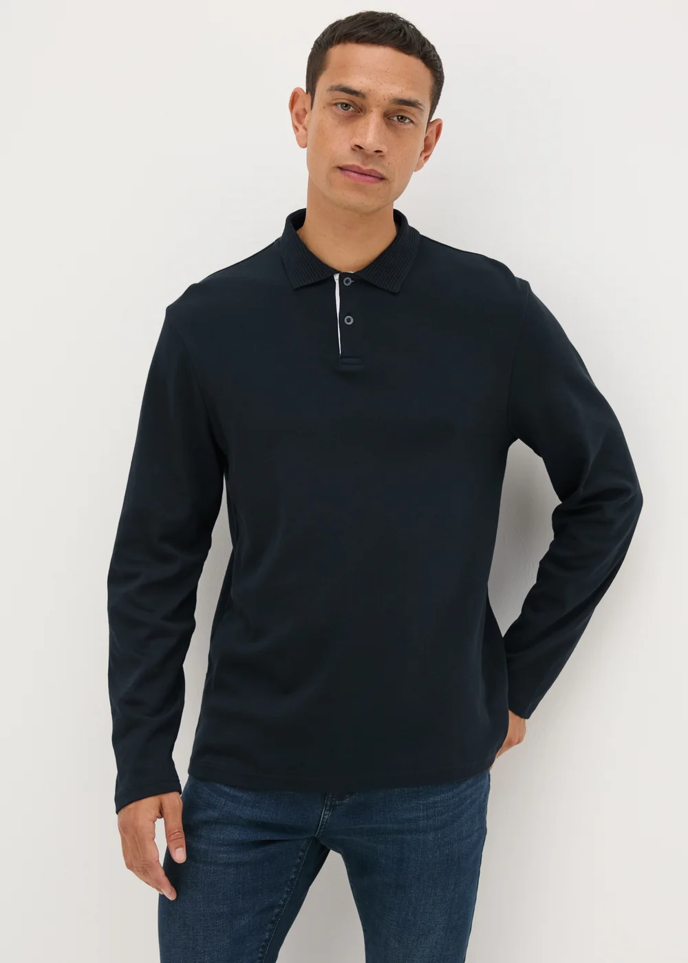 Black Contrast Placket Long Sleeve Polo Shirt - S Image 1