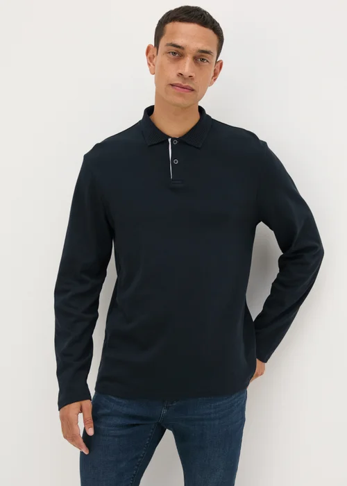 Black Contrast Placket Long Sleeve Polo Shirt - S Image 1
