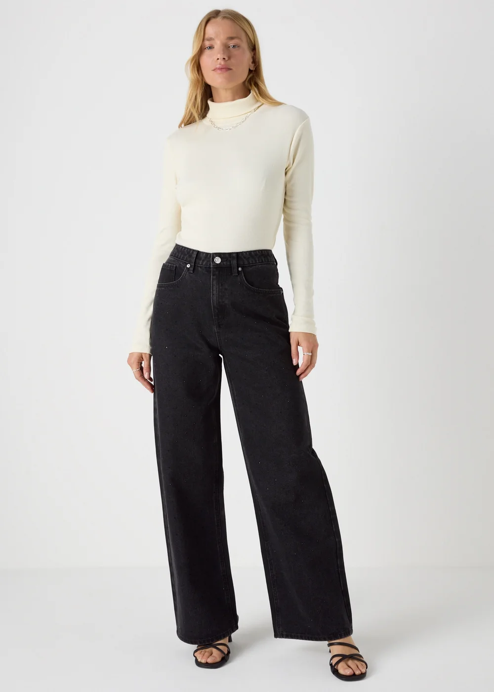 Papaya Petite Black Wide Leg Stud Jeans - 6 Image 1