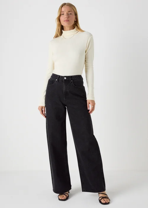 Papaya Petite Black Wide Leg Stud Jeans - 6 Image 1