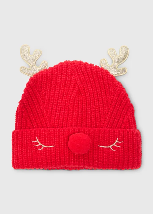 Christmas Kids Red Reindeer Beanie (3-13yrs) - Age 3 - 6 Years Image 1