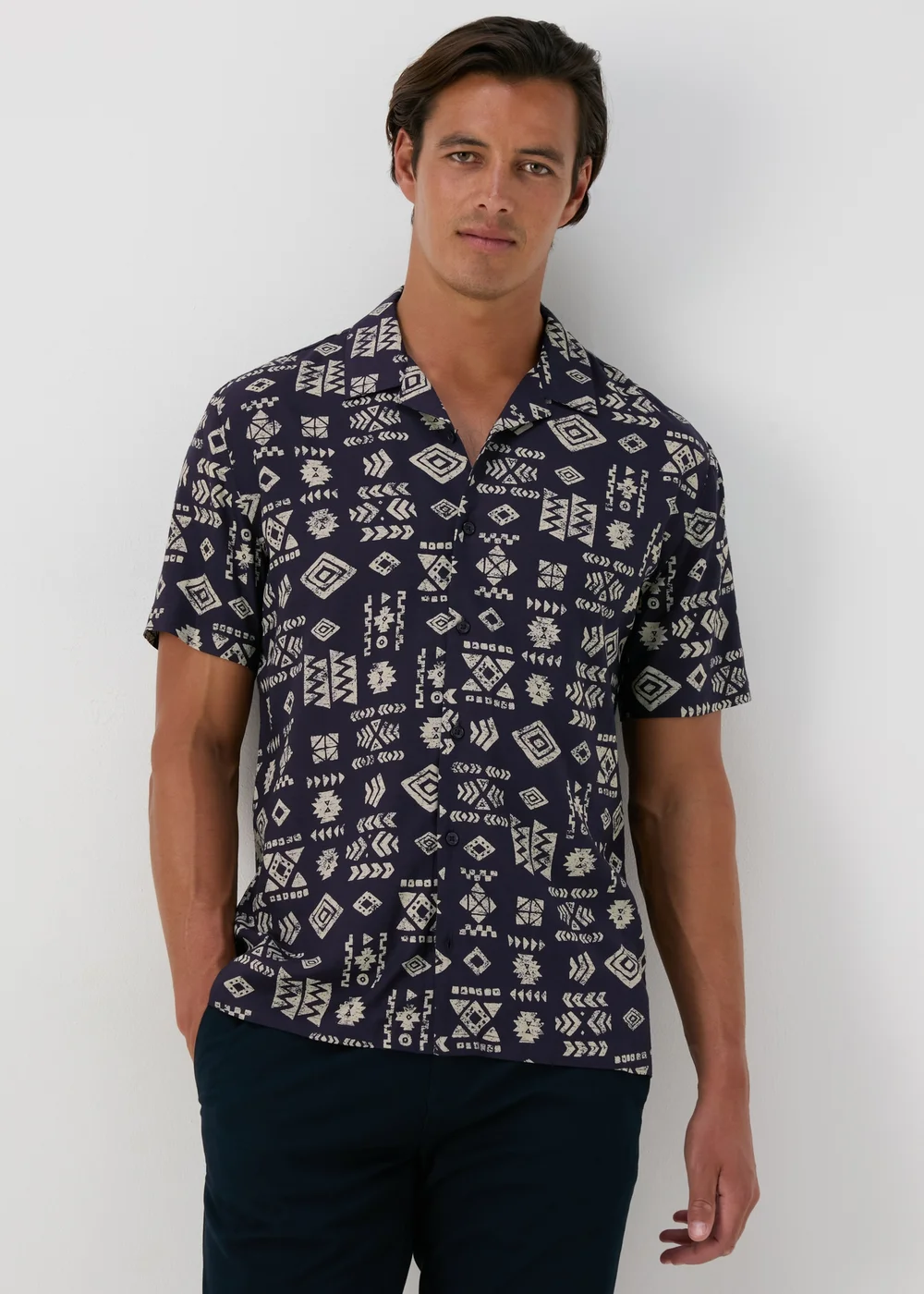 Navy Printed Viscose Shirt - S Image 1