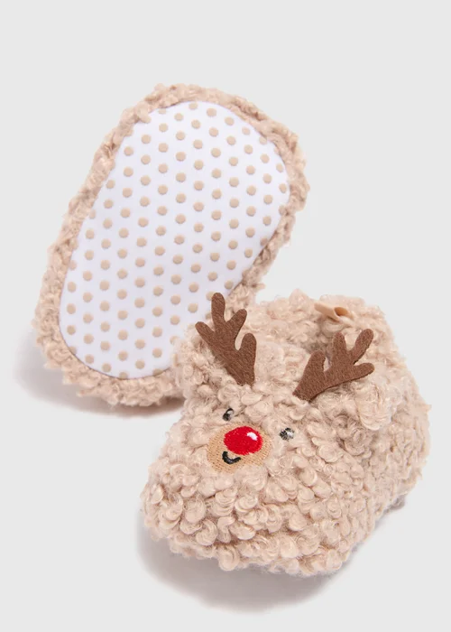 Baby Brown Reindeer Borg Slippers (Newborn-18mths) - Age 0 - 3 Months Image 2