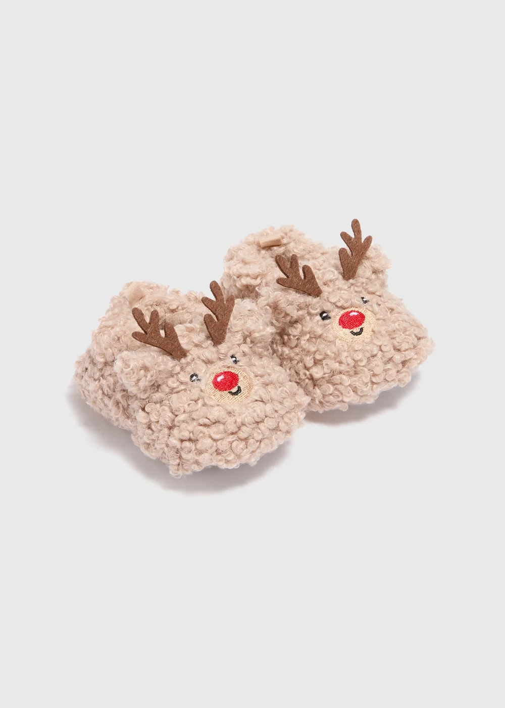 Baby Brown Reindeer Borg Slippers (Newborn-18mths) - Age 0 - 3 Months Image 1