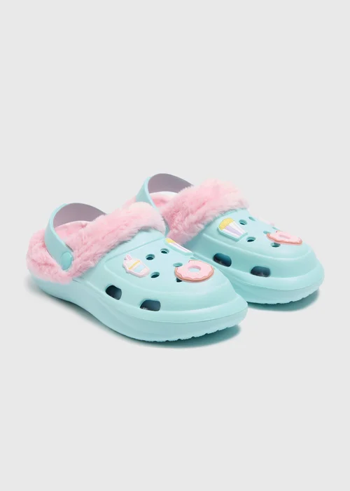 Girls Blue Fur Lined Badge Clogs (Younger 10-Older 5) - Size 1 Image 1