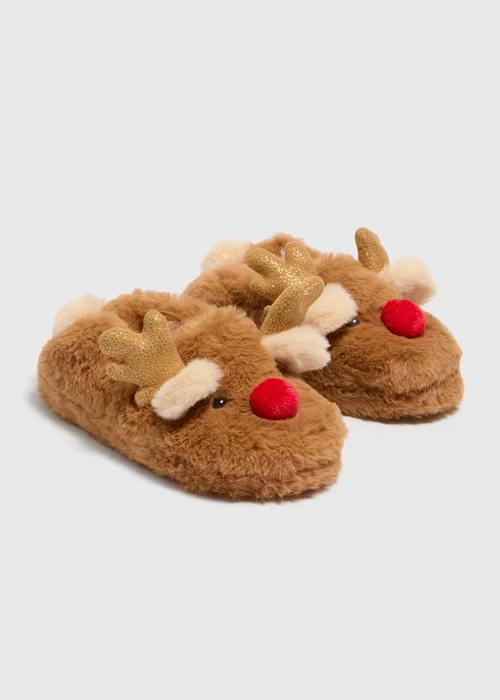 Kids Beige Christmas Reindeer A-Line Slipper (Younger 4-Older 5) - Size 1 Image 1