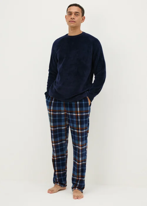 Navy & Orange Check Fleece Pyjama Set - Extra small Image 1