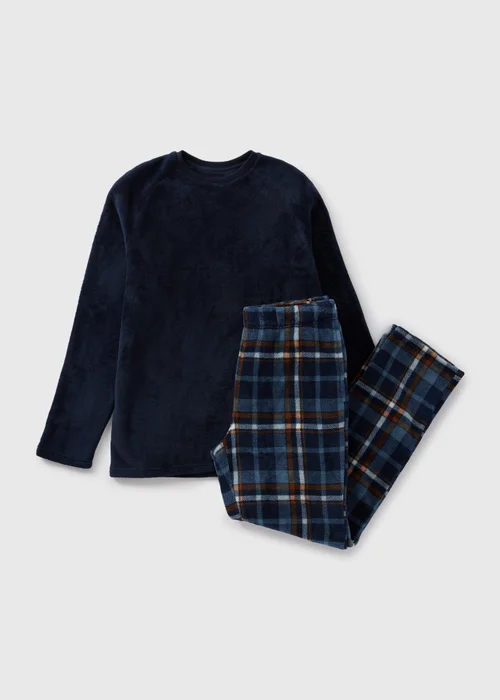 Navy & Orange Check Fleece Pyjama Set - Extra small Image 3