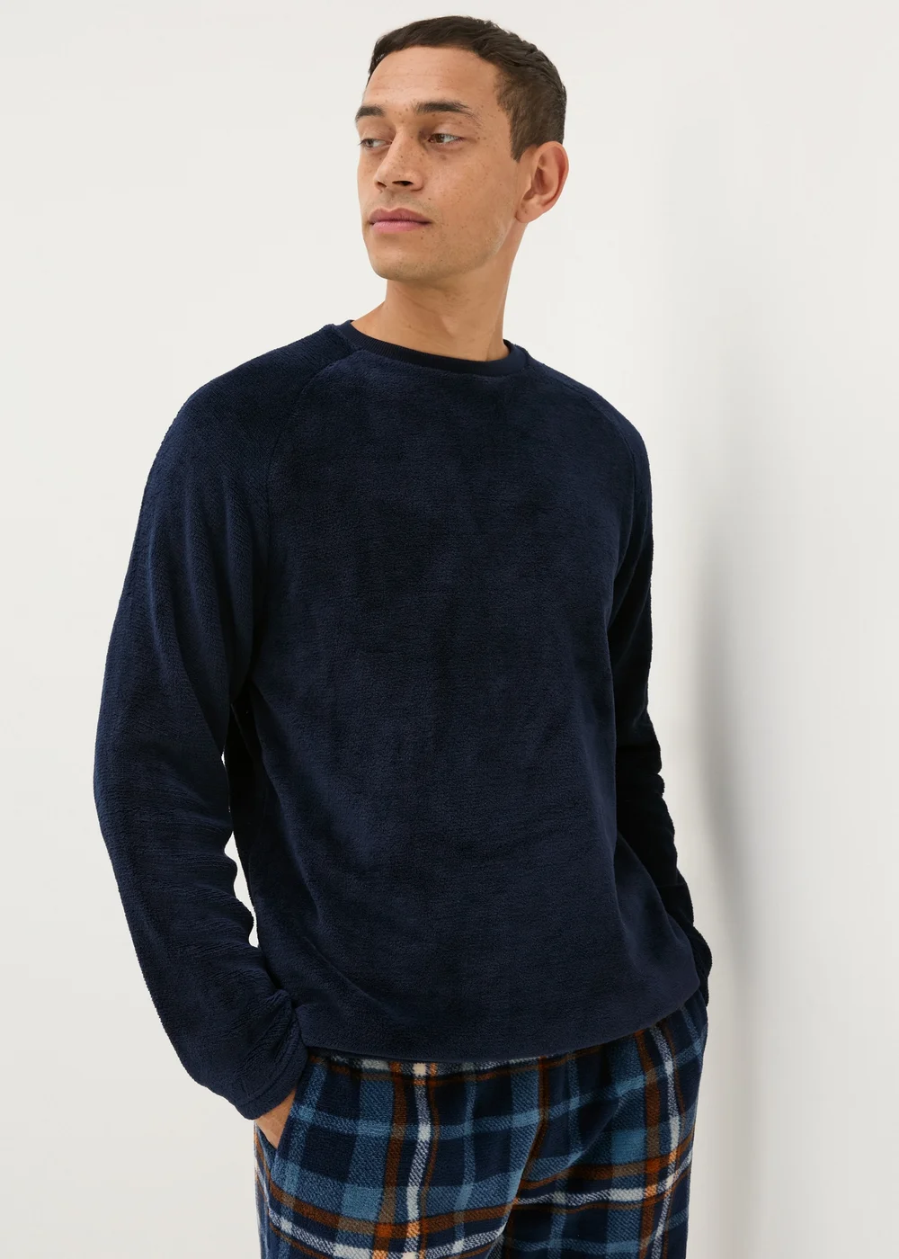 Navy & Orange Check Fleece Pyjama Set - Extra small Image 2