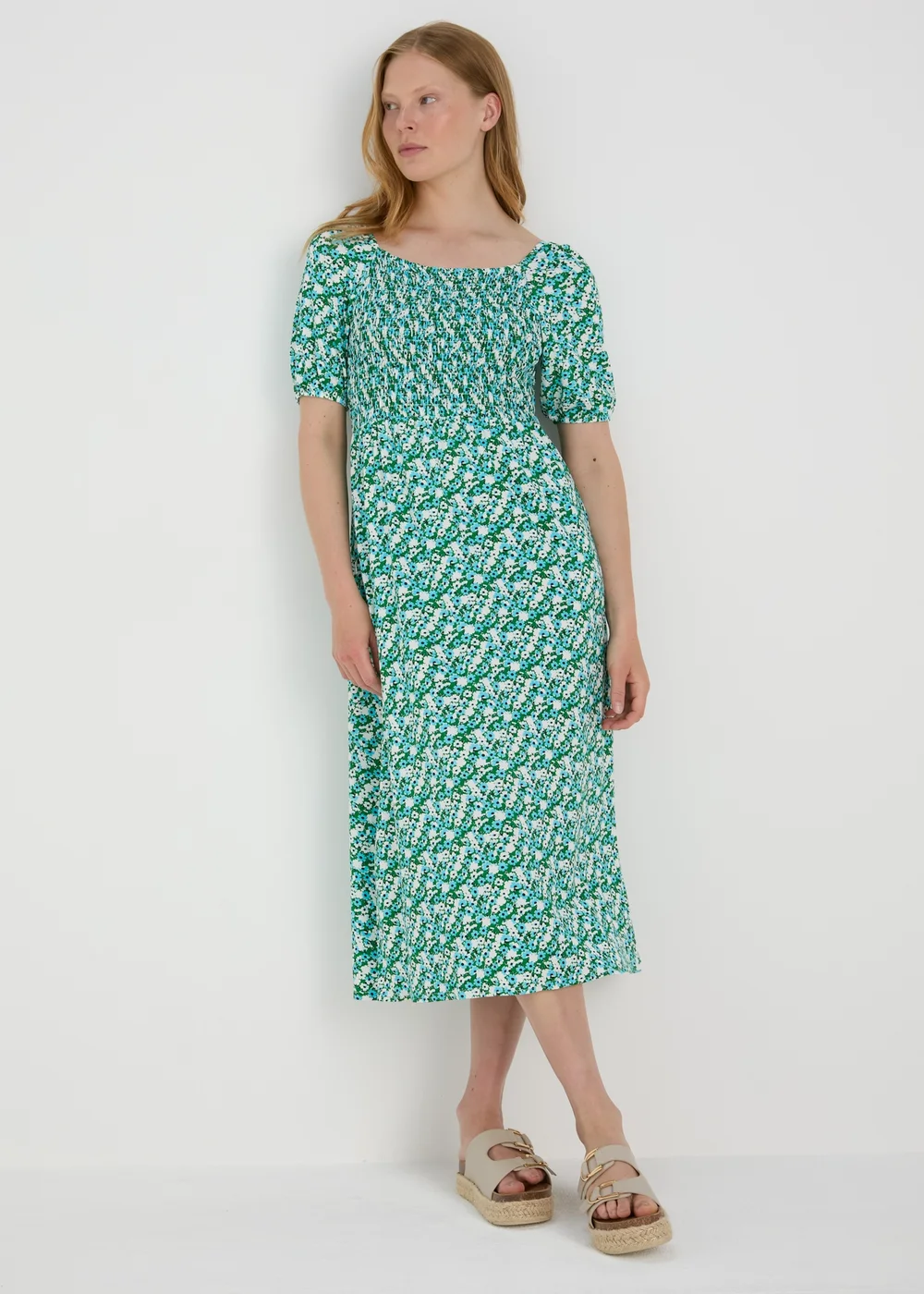 Green Floral Swing Midi Dress - Size 8 Image 1